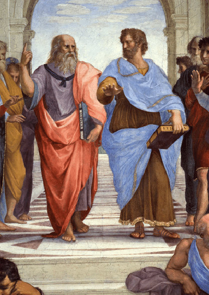 Recorte da obra A escola de Atenas, de Rafael Sanzio. Detalhe de Platão e Aristóteles. Afresco, 5 m × 7 m, c. 1510, Itália, Vaticano, Palácio Apostólico.